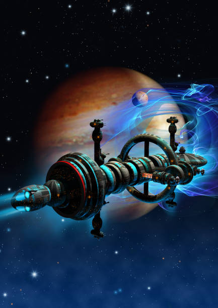 nave espacial volando cerca del planeta júpiter, representación 3d - voyager nave espacial fotografías e imágenes de stock