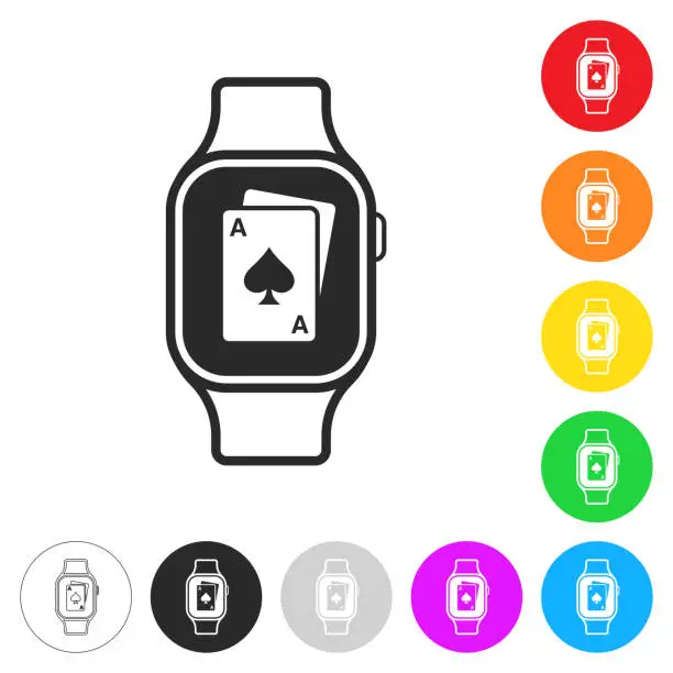 Vector illustration of Smartwatch with playing card. Icon on colorful buttons