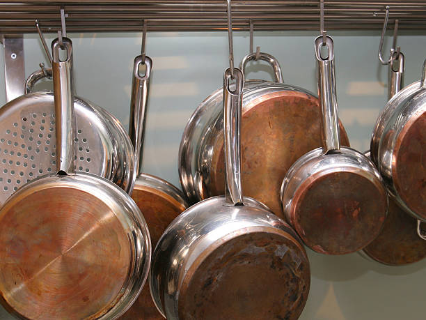 istock Silver pots and pans hanging on a rack 140460935