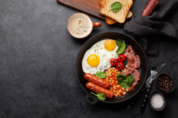 istock English breakfast with fried eggs, beans, bacon and sausages 1404609616