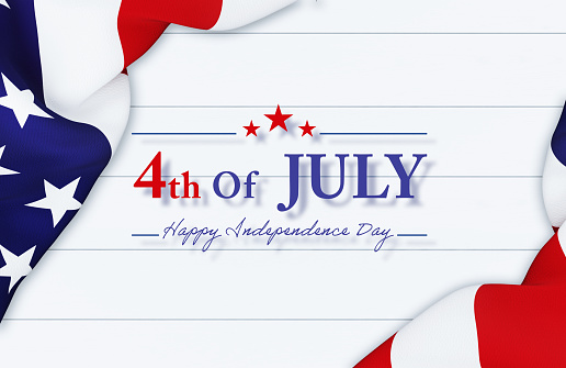 Happy 4th Of July message written over white background behind rippled American flag. Horizontal composition with copy space. Directly above. 4th Of July concept.