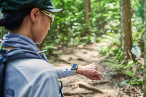istock Asian woman using smartwatch to check a map on the trail. 1404614078