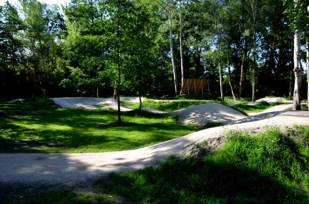istock forest in which there is a track for bicycles trail tilted bends one after the other dug in the ground into perfect shapes mountain bikes even for children, glade, sun, shadows, racing  new, lawn 1404614928