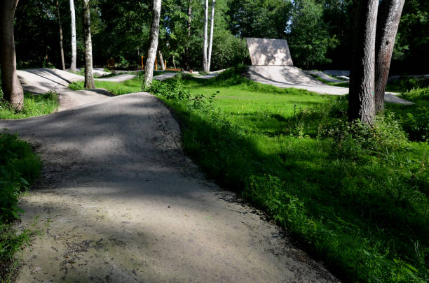 forêt dans laquelle il y a une piste pour les pistes cyclables inclinées virages l’un après l’autre creusé dans le sol dans des formes parfaites vtt même pour les enfants, clairière, soleil, ombres, course neuve, pelouse - bmx flatland photos et images de collection