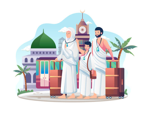 A Muslim Family pilgrim wearing ihram clothes with a suitcase just arrived in mecca to perform Hajj or umrah Pilgrimage. Vector illustration in flat style A Muslim Family pilgrim wearing ihram clothes with a suitcase just arrived in mecca to perform Hajj or umrah Pilgrimage. Vector illustration in flat style hajj stock illustrations