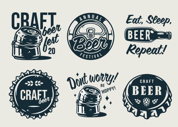 Emblems with craft beer barrel, hop and bottle Set of emblems for the brewing theme, including a beer bottle, metal cork, and crumpled can bottle cap stock illustrations