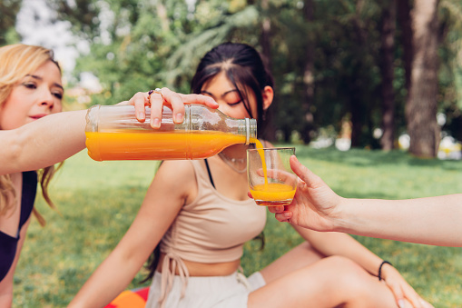 Close-up of a woman's hand serving orange juice at a picnic. Multi-ethnic group of female friends having a picnic, eating outdoors on a summer day.