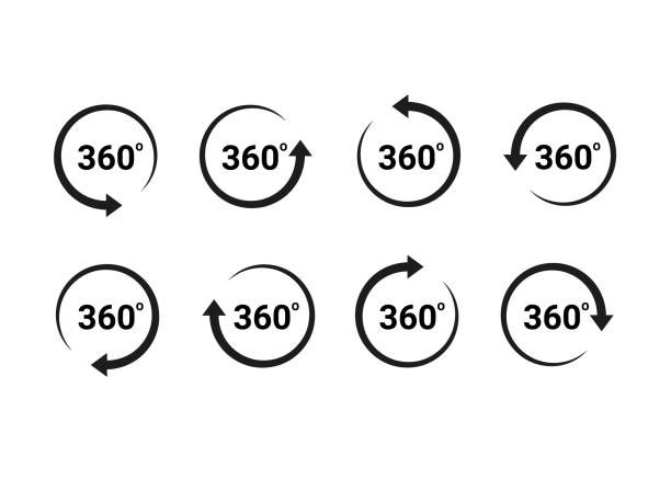 stockillustraties, clipart, cartoons en iconen met 360 degrees arrow, rotate around set icon. circle signs view with arrows rotation to 360 degrees. rotate cycle, circular moving symbol. vector sign illustration - direct klaar camera