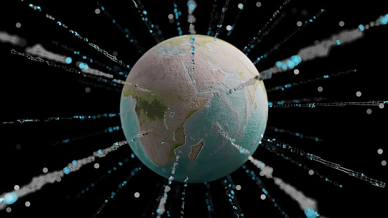 Globe and network or transmission of data or energy concept. 3D Render.
