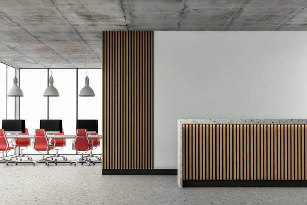 istock Empty office interior with copy space, work desks and reception desk on terrazzo floor 1404622332