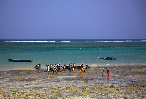 Galle, Sri Lanka - February 11th 2023:  People cleaning fishing nets on the beach outside Galle fish market as a part of the traditional fishing industry