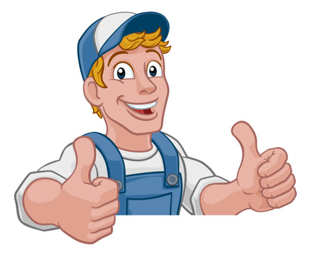 illustrazioni stock, clip art, cartoni animati e icone di tendenza di handyman cartoon custode costruzione uomo segno - boiler water heater symbol repairing