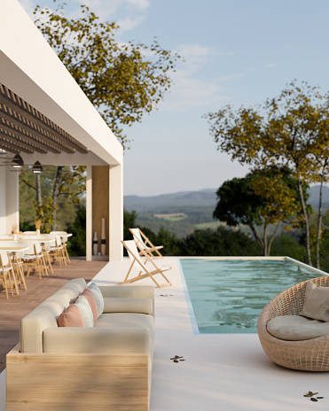Modern luxury hotel pool lounge terrace exterior design with comfy sofa, beach chairs, wicker round chair and swimming pool with a beautiful nature in the background. 3d rendering, 3d illustration