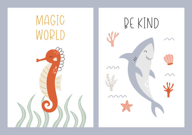 zestaw plakatów z uroczymi podwodnymi zwierzętami. ilustracja wektorowa ryb i rekinów morskich na pocztówce - underwater mine stock illustrations