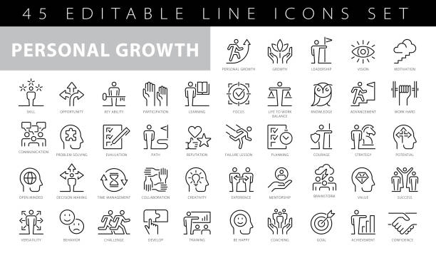 Personal Growth - thin line vector icon set. Pixel perfect. Editable stroke. The set contains icons: Leadership, Learning, Career, Skill, Motivation, Moving Up, Winner, Success, Competition, Ladder of Success Personal Growth - thin line vector icon set. Pixel perfect. Editable stroke. The set contains icons: Leadership, Learning, Career, Skill, Motivation, Moving Up, Winner, Success, Competition, Ladder of Success business stock illustrations