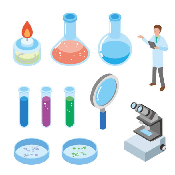 illustrazioni stock, clip art, cartoni animati e icone di tendenza di materiale per attrezzature di laboratorio per la scienza - beuta