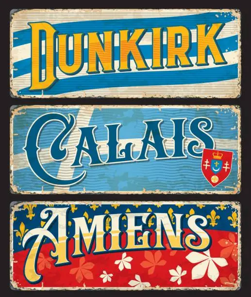 Vector illustration of Dunkirk, Calais, Amiens, French city travel plates