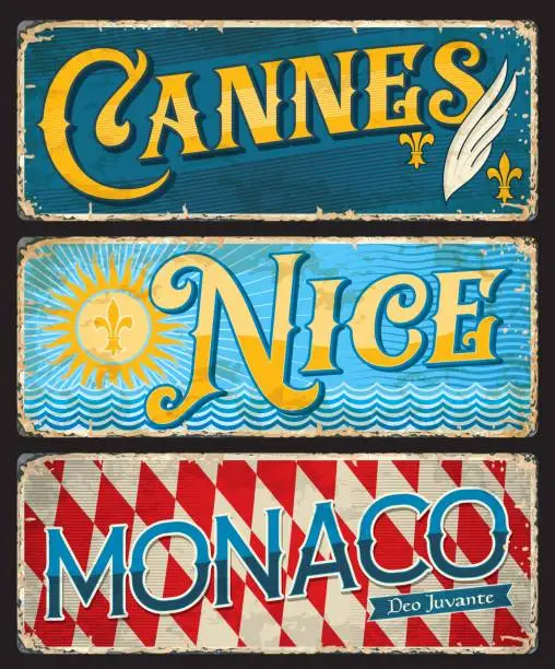 Vector illustration of Cannes, Nice, Monaco, French city travel stickers