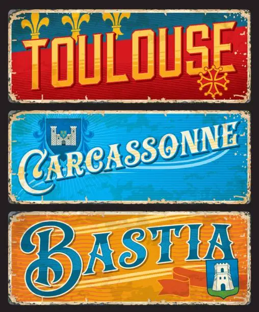 Vector illustration of Toulouse, Carcassonne, Bastia French city stickers