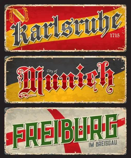 Vector illustration of Karlsruhe, Munich and Freiburg city travel plates