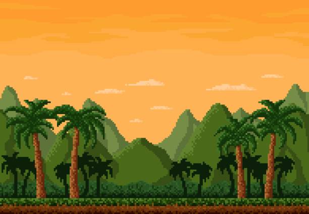 8bit pixel džungle krajina, herní úroveň pozadí - pixel art stock ilustrace