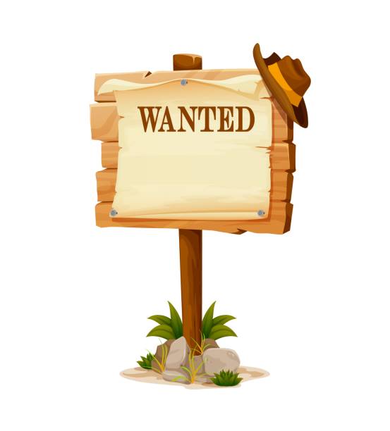 illustrazioni stock, clip art, cartoni animati e icone di tendenza di segno di legno, cartone animato western wanted board, selvaggio west - wild west wood wanted poster frame