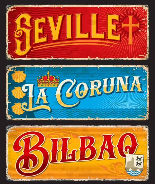 ilustraciones, imágenes clip art, dibujos animados e iconos de stock de sevilla, la coruña, bilbao, placas de viaje españolas - bilbao