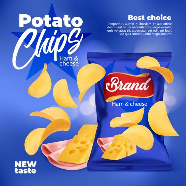 realistische kartoffelchips mit schinken- und käsegeschmack - potato chip stock-grafiken, -clipart, -cartoons und -symbole