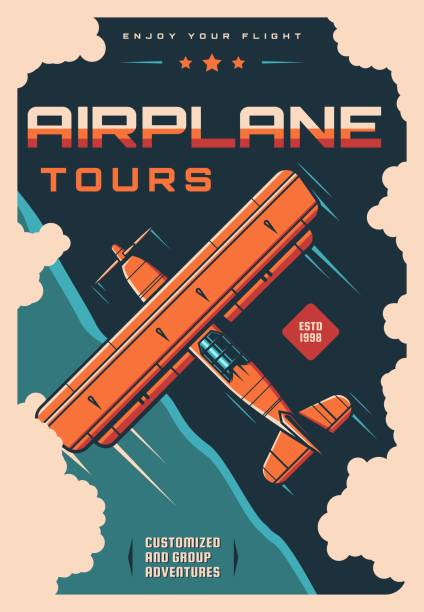 туры на самолете винтажный плакат, ретро самолет - small airplane air vehicle aerospace industry stock illustrations
