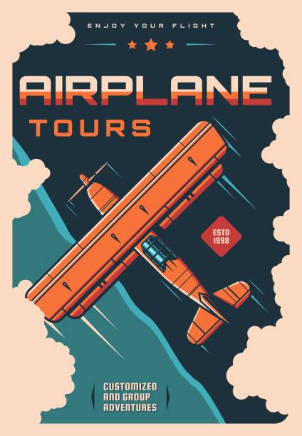 Airplane travel tours vintage poster, retro plane Airplane travel tours vintage poster with vector retro plane, biplane or monoplane flying in sky with clouds. Old fixed wing aircraft or classic propeller engine show, air travel or aviation adventure air show stock illustrations