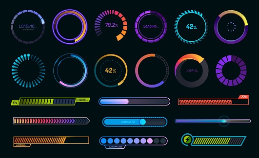 Loading progress bars, load or download and upload web icons, vector round graphs. Circle loaders and speed, status or loader percentage progress bars for website or internet page in neon gradient