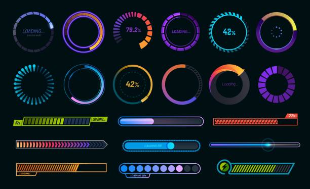Loading progress bars, load or download and upload Loading progress bars, load or download and upload web icons, vector round graphs. Circle loaders and speed, status or loader percentage progress bars for website or internet page in neon gradient loading stock illustrations