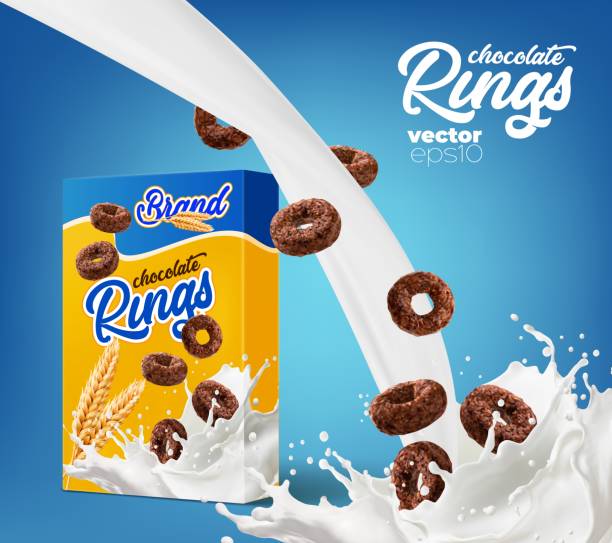 Milk splash with falling chocolated flake rings Milk splash with falling chocolated flake rings. Vector poster with cereal chocolate snack, carton box package and white milky stream on blue background. Realistic 3d milk with chocolate rings corn flakes stock illustrations