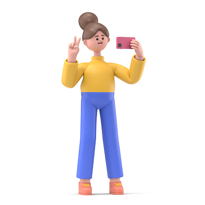 3D illustration of smiling woman Angela in headphones make video call or selfie by smartphone and show victory sign. 3D rendering on white background.