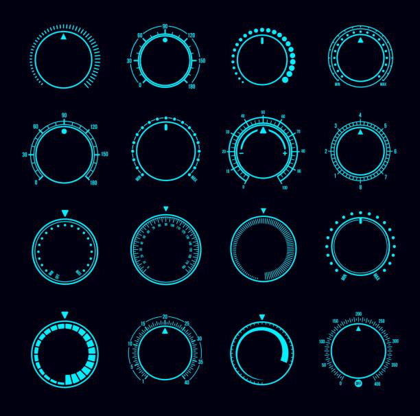 illustrazioni stock, clip art, cartoni animati e icone di tendenza di interfaccia di composizione hud, interruttori a manopola rotonda del volume - dial