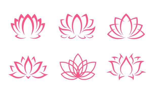 Pink lotus icons, flowers, yoga floral blossoms Pink lotus icons, flowers or yoga floral symbol in line silhouette, vector blossoms. Outline pink lotus petals for tattoo, asian spa or ornament decoration, religion, ayurveda relax and zen meditation lotus water lily stock illustrations