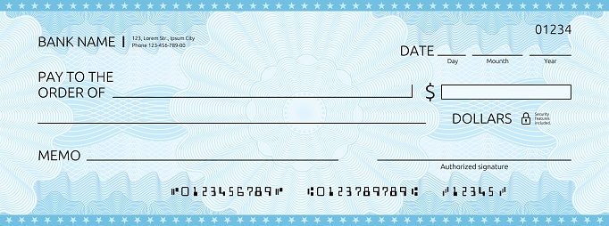 Blank bank check, checkbook cheque template with blue guilloche, vector mockup. Money payment bank check voucher or pay cash cheque certificate, account bill paycheck with guilloche pattern