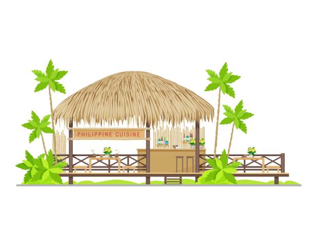 Philippine cuisine restaurant vector building Philippine cuisine restaurant vector building of tropical beach tiki bar, hut cafe or restaurant. Bamboo bungalow with straw roof, wooden tables and chairs, bar counter, signboard and palm trees straw roof stock illustrations
