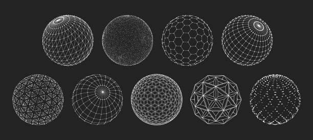 3D sphere mesh grid, globe net wire frame 3D sphere mesh grid, globe or ball in circle net wire, vector digital earth. 3D sphere in wireframe or geometric network in dots and lines or mesh grid frames, science and technology object sphere stock illustrations