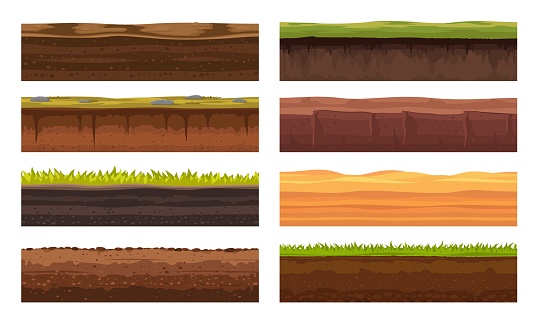 Soil ground or underground layers, grass, land and earth texture, vector seamless game level. Cartoon game landscape of soil ground and underground layers of sand hills, desert sand and stone surface