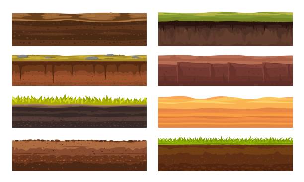 Soil ground or underground layers, grass and earth Soil ground or underground layers, grass, land and earth texture, vector seamless game level. Cartoon game landscape of soil ground and underground layers of sand hills, desert sand and stone surface land stock illustrations