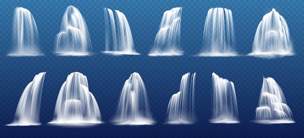 Waterfall, water cascade realistic falling splashes of fountain pour. Waterfall or sprinkle vector flow from mountain river with pouring splatters of aqua drips on transparent background
