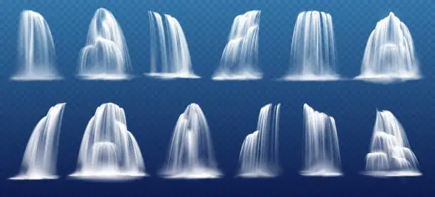 Vector illustration of Waterfall, water cascade falling, fountain splash