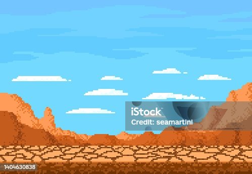 istock Pixel art desert landscape, cracked soil ground 1404630838