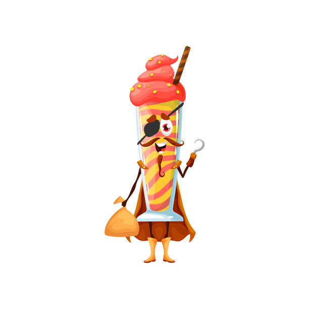 Cartoon ice cream pirate character, sweet dessert Cartoon ice cream pirate character. Vector sweet dessert in cup corsair food personage for kids menu. Icecream wear cape, hand hook and eye patch holding loot in sack. Funny filibuster cafe dessert stealing ice cream stock illustrations