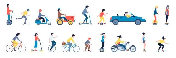 Vector illustration of People riding on car and segway, ride scooter and motorcycle. Alternative vehicle, isolated teens on skateboards and electric transport recent vector set