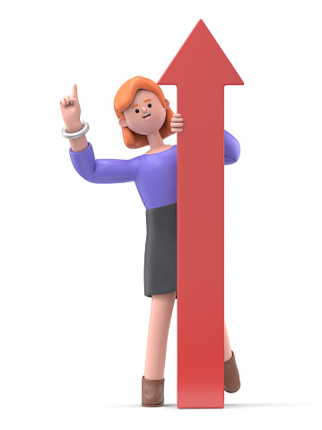 3D illustration of smiling businesswoman Ellen holding arrow going up, growth, success and achievement concept.business man push hand up and upward arrow ,success business concept.