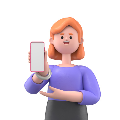 3D illustration of smiling businesswoman Ellen holding smartphone and showing blank screen. Cute cartoon smiling confident demonstrating empty display phone.3D rendering on white background.