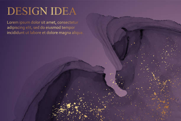 istock Watercolor background with abstract purple ink waves and golden splashes. 1404631964