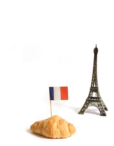 Fresh Baked Croissant Rolls Isolated on White With Flag of France and Eiffel Tower